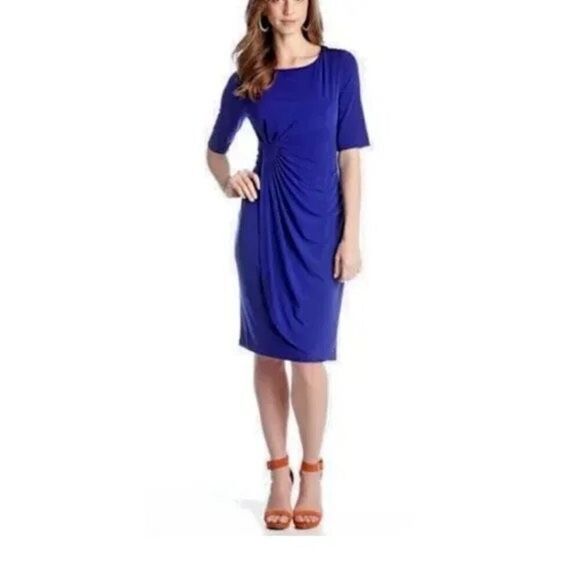 Connected Apparel Women's 14 Half Sleeve Gathered Drape Midi Dress Royal Blue - Picture 1 of 8